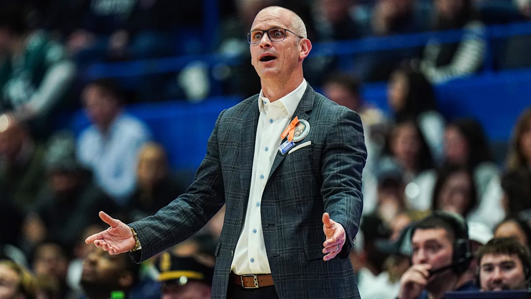 Jan 29, 2025; Hartford, Connecticut, USA; UConn Huskies head coach Dan Hurley watches from the sideline as they take on the DePaul Blue Demons at XL Center. Mandatory Credit: David Butler II-Imagn Images