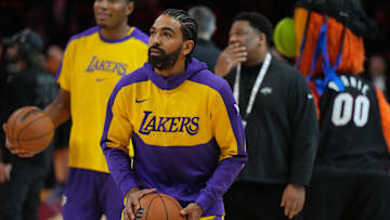 Dec 4, 2024; Miami, Florida, USA;  Los Angeles Lakers guard Gabe Vincent (7) warms-up before a game against the Miami Heat at Kaseya Center. Mandatory Credit: Jim Rassol-Imagn Images