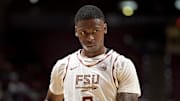 Jan 4, 2025; Tallahassee, Florida, USA; Florida State Seminoles guard Chandler Jackson (0) reacts during the first half against the Syracuse Orange at Donald L. Tucker Center. Mandatory Credit: Melina Myers-Imagn Images