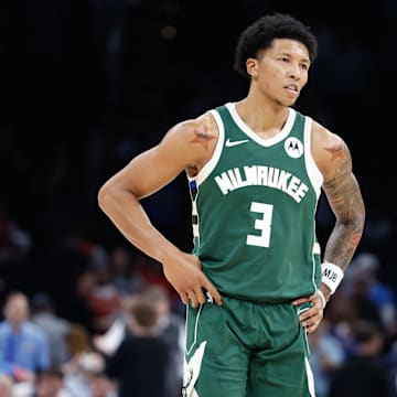 Feb 3, 2025; Oklahoma City, Oklahoma, USA; Milwaukee Bucks forward MarJon Beauchamp (3) walks down the court after a play against the Oklahoma City Thunder during the second half at Paycom Center. Mandatory Credit: Alonzo Adams-Imagn Images