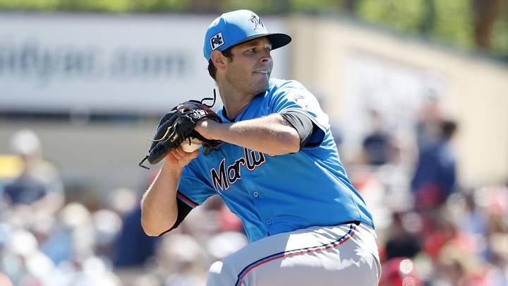 Mar 18, 2025; Jupiter, Florida, USA;  Miami Marlins pitcher Connor Gillispie (55) pitches against the St. Louis Cardinals during the first inning at Roger Dean Chevrolet Stadium.