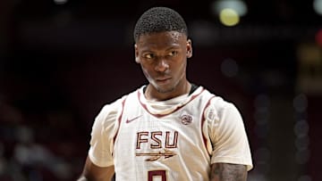 Jan 4, 2025; Tallahassee, Florida, USA; Florida State Seminoles guard Chandler Jackson (0) reacts during the first half against the Syracuse Orange at Donald L. Tucker Center. Mandatory Credit: Melina Myers-Imagn Images