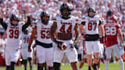 South Carolina Gamecocks tight end Maurice Brown II celebrates after scoring a 2-point conversion during a college football game between the University of Oklahoma Sooners (OU) and the South Carolina Gamecocks at Gaylord Family - Oklahoma Memorial Stadium in Norman, Okla., Saturday, Oct. 19, 2024.