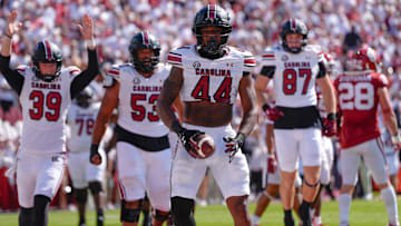 South Carolina Gamecocks tight end Maurice Brown II celebrates after scoring a 2-point conversion during a college football game between the University of Oklahoma Sooners (OU) and the South Carolina Gamecocks at Gaylord Family - Oklahoma Memorial Stadium in Norman, Okla., Saturday, Oct. 19, 2024.