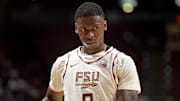 Jan 4, 2025; Tallahassee, Florida, USA; Florida State Seminoles guard Chandler Jackson (0) reacts during the first half against the Syracuse Orange at Donald L. Tucker Center. Mandatory Credit: Melina Myers-Imagn Images