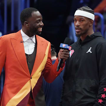 Draymond Green interviews Jimmy Butler after the 2022 NBA All-Star Game at Rocket Mortgage FieldHouse.