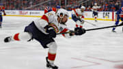Florida Panthers forward Brad Marchand (63) shoots the puck during the second period against the Edmonton Oilers in game five of the 2025 Stanley Cup Final.