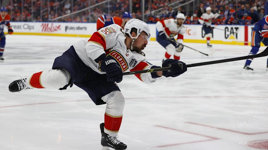 Florida Panthers forward Brad Marchand (63) shoots the puck during the second period against the Edmonton Oilers in game five of the 2025 Stanley Cup Final. | Perry Nelson-Imagn Images