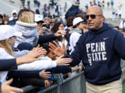 Apr 13, 2024; University Park, PA, USA; Penn State Nittany Lions head coach James Franklin shakes the hands of fans following the conclusion of the Blue White spring game at Beaver Stadium. The White team defeated the Blue team 27-0. Mandatory Credit: Matthew O'Haren-USA TODAY Sports