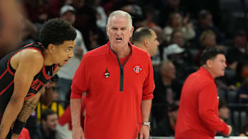 Nov 24, 2025; Las Vegas, Nevada, USA; San Diego State Aztecs head coach Brian Dutcher reacts in the first half against the Michigan Wolverines in a 2025 Players Era Festival group play game at Michelob Ultra Arena. 