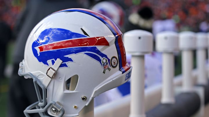 Nov 20, 2016; Cincinnati, OH, USA; A view of a Buffalo Bills helmet with the Salute to Service logo while sitting on the bench at Paul Brown Stadium. The Bills won 16-12. Nov 20, 2016; Cincinnati, OH, USA; A view of a Buffalo Bills helmet with the Salute to Service logo while sitting on the bench at Paul Brown Stadium. The Bills won 16-12.