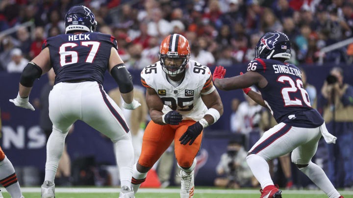 Dec 24, 2023; Houston, Texas, USA; Cleveland Browns defensive end Myles Garrett (95) in action during the game against the Houston Texans at NRG Stadium. Mandatory Credit: Troy Taormina-USA TODAY Sports