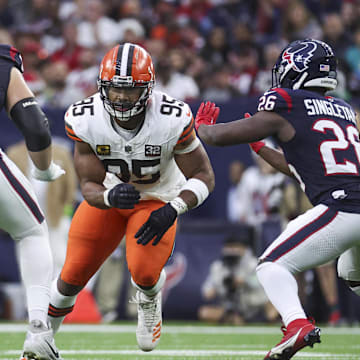 Dec 24, 2023; Houston, Texas, USA; Cleveland Browns defensive end Myles Garrett (95) in action during the game against the Houston Texans at NRG Stadium. Mandatory Credit: Troy Taormina-Imagn Images