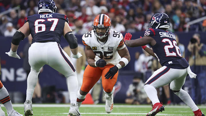 Dec 24, 2023; Houston, Texas, USA; Cleveland Browns defensive end Myles Garrett (95) in action during the game against the Houston Texans at NRG Stadium. Mandatory Credit: Troy Taormina-Imagn Images