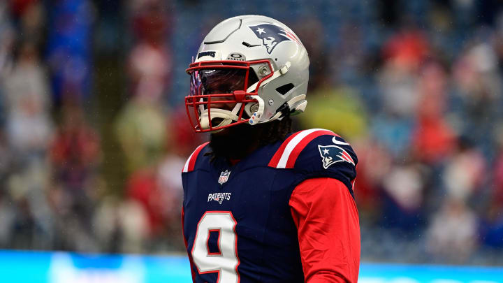 Sep 10, 2023; Foxborough, Massachusetts, USA; New England Patriots linebacker Matthew Judon (9) prepares for a game against the Philadelphia Eagles during the warm-up period at Gillette Stadium. Mandatory Credit: Eric Canha-USA TODAY Sports