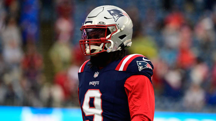 Sep 10, 2023; Foxborough, Massachusetts, USA; New England Patriots linebacker Matthew Judon (9) prepares for a game against the Philadelphia Eagles during the warm-up period at Gillette Stadium. Mandatory Credit: Eric Canha-USA TODAY Sports