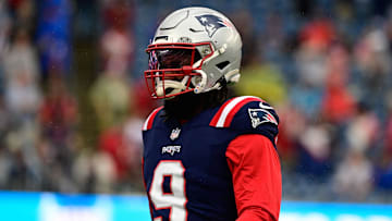 Sep 10, 2023; Foxborough, Massachusetts, USA; New England Patriots linebacker Matthew Judon (9) prepares for a game against the Philadelphia Eagles during the warm-up period at Gillette Stadium.