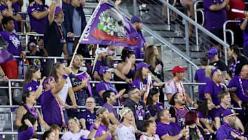 Oct 27, 2024; Orlando, Florida, USA; Orlando City fans during the first half against Charlotte FC in a 2024 MLS Cup Playoffs Round One match at Inter&Co Stadium. Mandatory Credit: Kim Klement Neitzel-Imagn Images