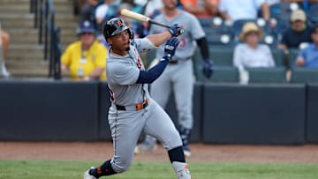Jun 22, 2025; Tampa, Florida, USA; Detroit Tigers right fielder Wenceel Perez (46) hits a two run home run against the Tampa Bay Rays in the seventh inning at George M. Steinbrenner Field. Mandatory Credit: Nathan Ray Seebeck-Imagn Images