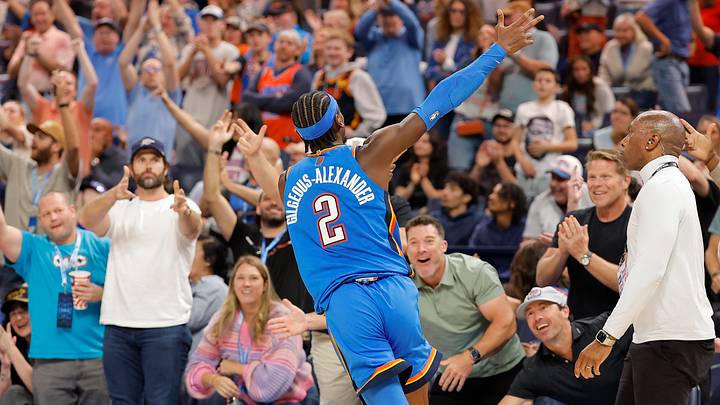 Oct 22, 2026; Oklahoma City, Oklahoma, USA; Oklahoma City Thunder guard Shai Gilgeous-Alexander (2) gestures to fans after scoring against the Denver Nuggets during the fourth quarter at Paycom Center. Mandatory Credit: Alonzo Adams-Imagn Images