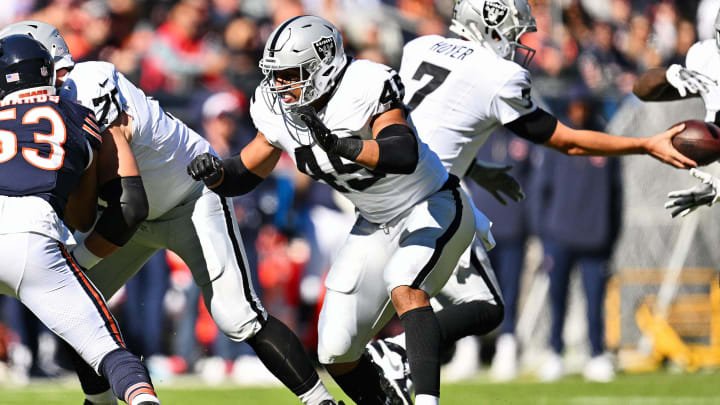 Oct 22, 2023; Chicago, Illinois, USA;  Las Vegas Raiders fullback Jakob Johnson (45) blocks against the Chicago Bears at Soldier Field.  