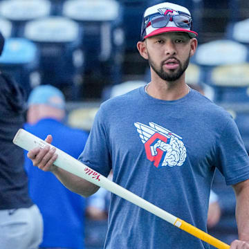 Sep 4, 2024; Kansas City, Missouri, USA; Cleveland Guardians left fielder Steven Kwan (38) takes batting practice against the Kansas City Royals prior to a game at Kauffman Stadium. Mandatory Credit: Denny Medley-Imagn Images