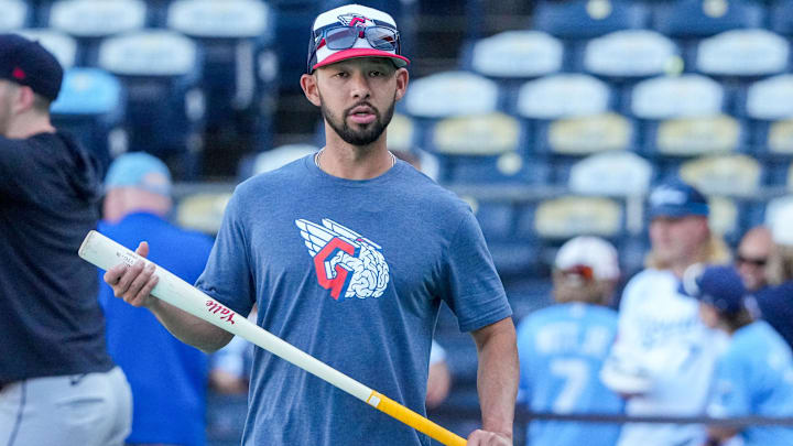 Sep 4, 2024; Kansas City, Missouri, USA; Cleveland Guardians left fielder Steven Kwan (38) takes batting practice against the Kansas City Royals prior to a game at Kauffman Stadium. Mandatory Credit: Denny Medley-Imagn Images