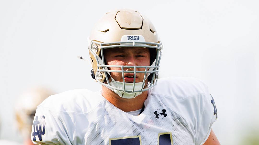 Notre Dame offensive lineman Billy Schrauth participates in a drill during a Notre Dame football practice at Irish Athletic Center on Tuesday, Aug. 6, 2024, in South Bend. Notre Dame offensive lineman Billy Schrauth participates in a drill during a Notre Dame football practice at Irish Athletic Center on Tuesday, Aug. 6, 2024, in South Bend.