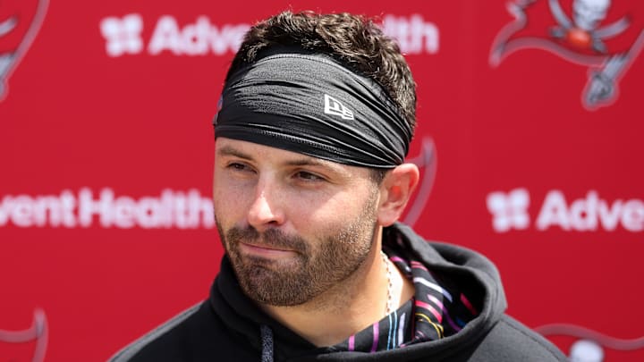 Buccaneers quarterback Baker Mayfield talks to media at training camp.