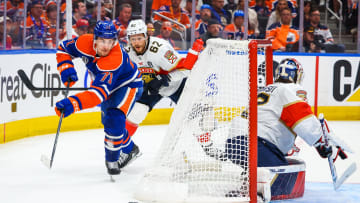 Jun 21, 2024; Edmonton, Alberta, CAN; Edmonton Oilers center Ryan McLeod (71) passes the puck against the Florida Panthers during the second period in game six of the 2024 Stanley Cup Final at Rogers Place. Mandatory Credit: Sergei Belski-USA TODAY Sports