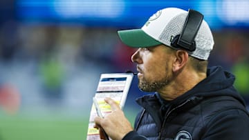 Dec 15, 2024; Seattle, Washington, USA; Green Bay Packers head coach Matt LaFleur stands on the sideline during the fourth quarter at Lumen Field. Mandatory Credit: Joe Nicholson-Imagn Images
