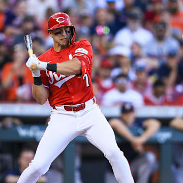 Sep 2, 2024; Cincinnati, Ohio, USA; Cincinnati Reds first baseman Spencer Steer (7) dodges a pitch in the eighth inning against the Houston Astros at Great American Ball Park. Mandatory Credit: Katie Stratman-Imagn Images