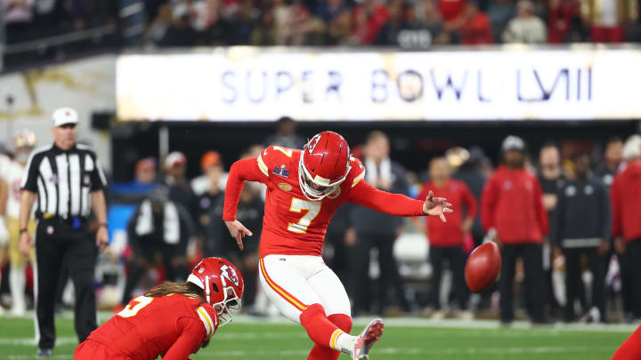 Feb 11, 2024; Paradise, Nevada, USA; Kansas City Chiefs place kicker Harrison Butker (7) kicks a field goal against the San Francisco 49ers in the fourth quarter in Super Bowl LVIII at Allegiant Stadium. Mandatory Credit: Mark J. Rebilas-USA TODAY Sports