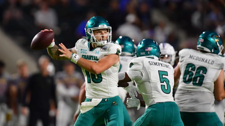 Dec 23, 2023; Honolulu, HI, USA; Coastal Carolina Chanticleers quarterback Ethan Vasko (16) drops back to throw a pass against the San Jose State Spartans during the first quarter of the Easypost Hawaii Bowl at Clarence T.C. Ching Athletics Complex. Mandatory Credit: Steven Erler-USA TODAY Sports