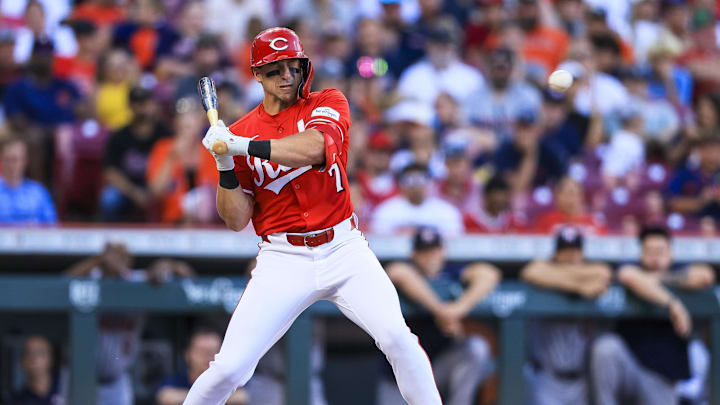 Sep 2, 2024; Cincinnati, Ohio, USA; Cincinnati Reds first baseman Spencer Steer (7) dodges a pitch in the eighth inning against the Houston Astros at Great American Ball Park. Mandatory Credit: Katie Stratman-Imagn Images