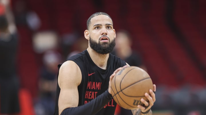 Apr 5, 2024; Houston, Texas, USA; Miami Heat forward Caleb Martin (16) warms up before the game against the Houston Rockets  at Toyota Center. Mandatory Credit: Troy Taormina-USA TODAY Sports