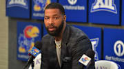Feb 17, 2020; Lawrence, Kansas, USA; Kansas Jayhawks former player Marcus Morris speaks to media at his jersey retiring press conference before the game against the Iowa State Cyclones at Allen Fieldhouse. Mandatory Credit: Denny Medley-Imagn Images