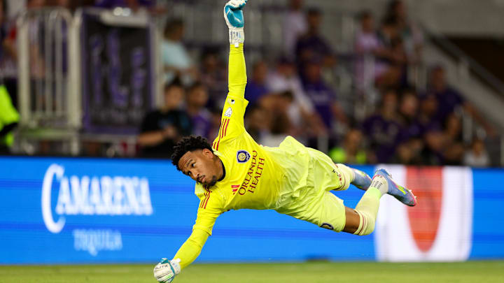 May 14, 2025; Orlando, Florida, USA; Orlando City goalkeeper Pedro Gallese (1) watches a shot from Charlotte FC forward Wilfried Zaha (10) (not pictured) go into the goal in the first half at Inter&Co Stadium. Mandatory Credit: Nathan Ray Seebeck-Imagn Images
