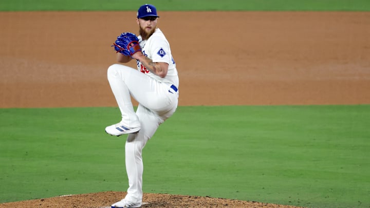 Oct 25, 2024; Los Angeles, California, USA; Los Angeles Dodgers pitcher Michael Kopech (45) pitches in the ninth inning against the New York Yankees during game one of the 2024 MLB World Series at Dodger Stadium. Mandatory Credit: Kiyoshi Mio-Imagn Images