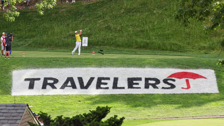 Hideki Matsuyama plays his shot from the 15th tee during the final round of the 2023 Travelers Championship.