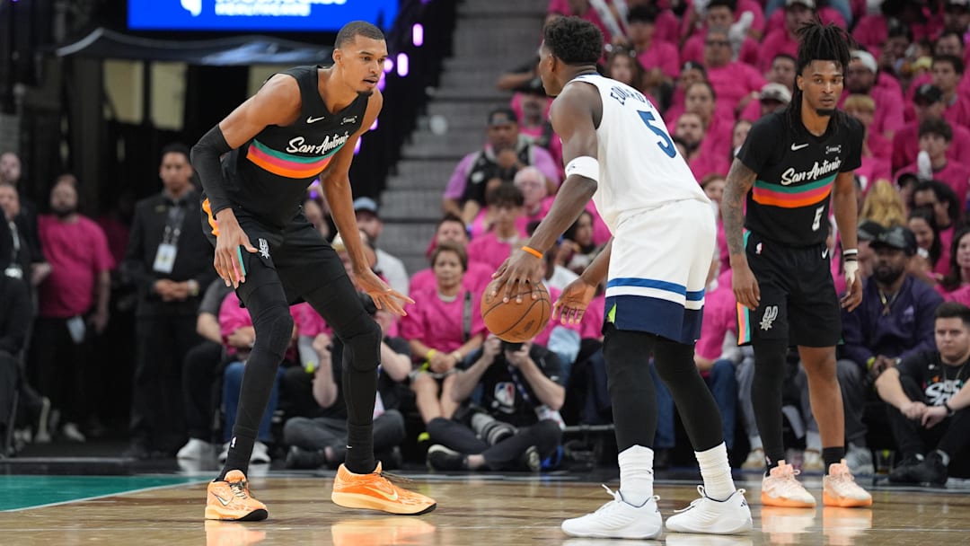 May 4, 2026; San Antonio, Texas, USA; Minnesota Timberwolves guard Anthony Edwards (5) faces off against San Antonio Spurs forward Victor Wembanyama (1) 