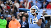 Nov 30, 2024; Chapel Hill, North Carolina, USA; North Carolina Tar Heels quarterback Jacolby Criswell (12) passes the ball in the first quarter at Kenan Memorial Stadium. Mandatory Credit: Bob Donnan-Imagn Images