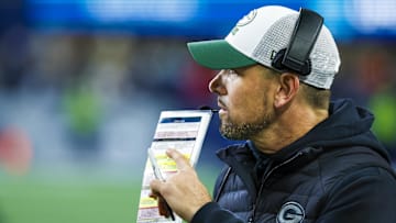 Dec 15, 2024; Seattle, Washington, USA; Green Bay Packers head coach Matt LaFleur stands on the sideline during the fourth quarter at Lumen Field. Mandatory Credit: Joe Nicholson-Imagn Images