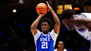 Oct 3, 2025; Durham, NC, USA; Duke Blue Devils center Patrick Ngongba II (21) shoots a free throw during the Countdown to Craziness at the Cameron Indoor Stadium. Mandatory Credit: Jaylynn Nash-Imagn Images