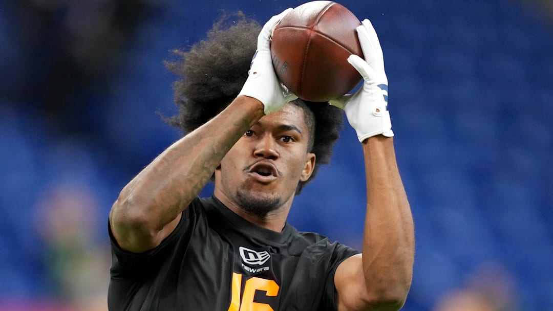 Texas A&M wideout KC Concepcion during the NFL Scouting Combine at Lucas Oil Stadium.
