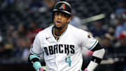 Arizona Diamondbacks' Ketel Marte (4) reacts after striking out looking against the Tampa Bay Rays at Chase Field in Phoenix on June 29, 2023.