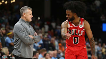 Oct 28, 2024; Memphis, Tennessee, USA; Chicago Bulls head coach Billy Donovan talks with guard Coby White (0) during the second half against the Memphis Grizzlies at FedExForum. Mandatory Credit: Petre Thomas-Imagn Images