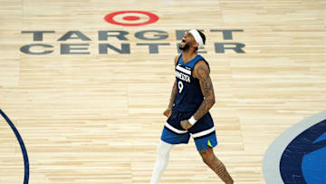 May 26, 2025; Minneapolis, Minnesota, USA; Minnesota Timberwolves guard Nickeil Alexander-Walker (9) reacts against the Oklahoma City Thunder in the second half during game four of the western conference finals for the 2025 NBA Playoffs at Target Center. Mandatory Credit: Jesse Johnson-Imagn Images