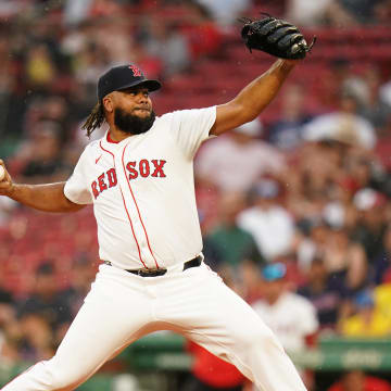 Jun 30, 2024; Boston, Massachusetts, USA; Boston Red Sox relief pitcher Kenley Jansen (74) throws a pitch against the San Diego Padres in the ninth inning at Fenway Park.