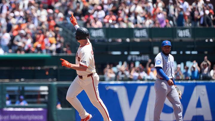 Jun 14, 2026; San Francisco, California, USA; San Francisco Giants infielder Matt Chapman (26) runs and acknowledges the dugout after hitting a two-run home run against Chicago Cubs pitcher Colin Rea (not pictured) during the fifth inning at Oracle Park. Mandatory Credit: Robert Edwards-Imagn Images